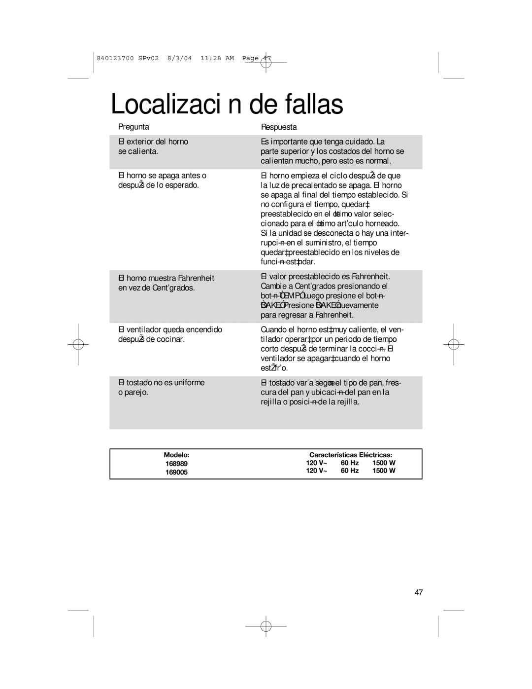 GE 168989, 840123700 manual Modelo Características Eléctricas 