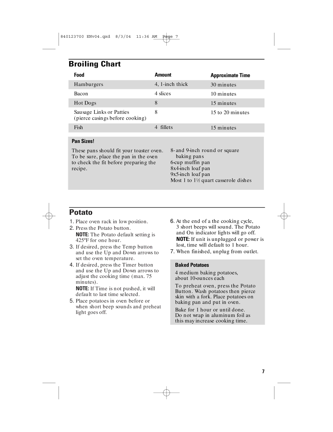 GE 168989, 840123700 manual Broiling Chart, Food Amount Approximate Time, Pan Sizes, Baked Potatoes 