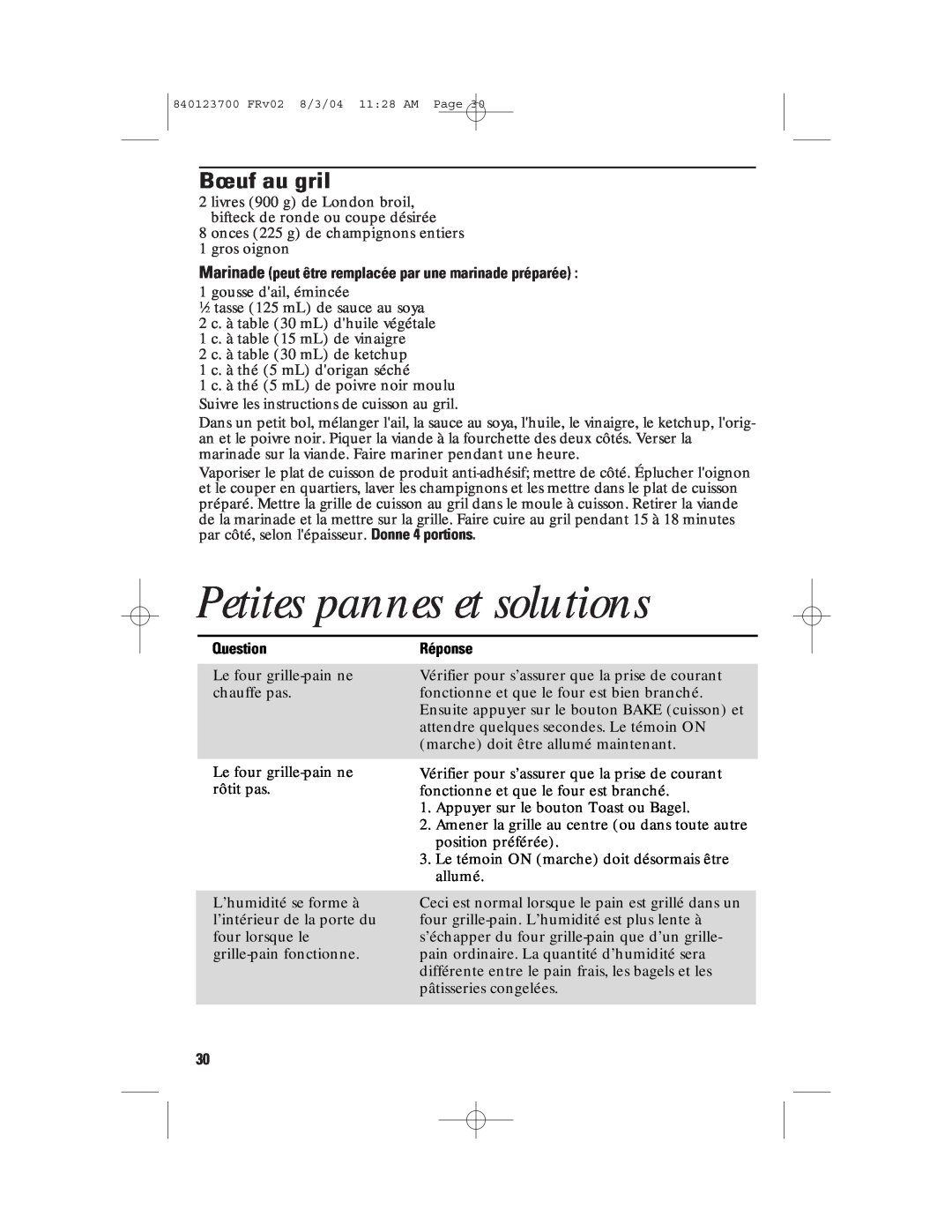 GE 840123700, 168989 manual Petites pannes et solutions, Bœuf au gril, Réponse, Question 
