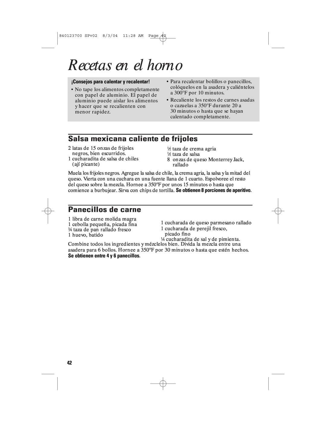 GE 840123700, 168989 manual Recetas en el horno, Salsa mexicana caliente de frijoles, ¡Consejos para calentar y recalentar 