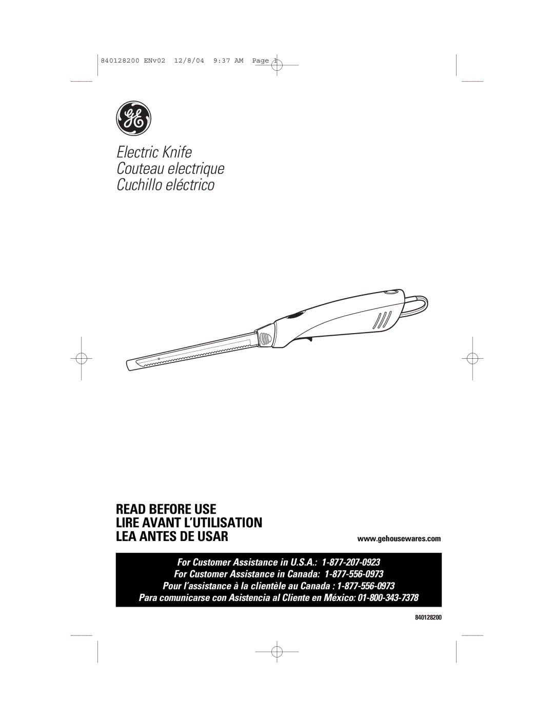 GE 169020, 840128200, 169023 manual Electric Knife Couteau electrique Cuchillo eléctrico 