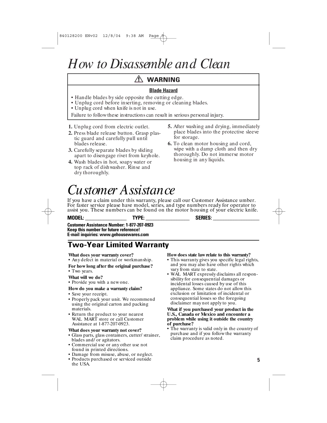 GE 169023, 840128200, 169020 manual How to Disassemble and Clean, Customer Assistance, Two-Year Limited Warranty 