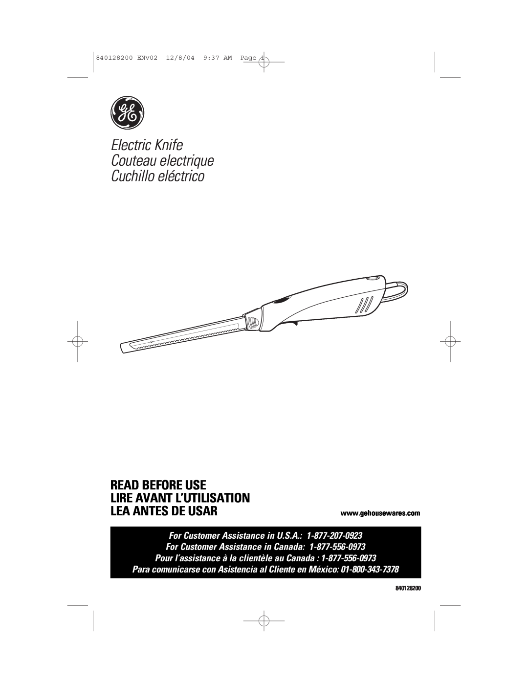 GE 169020 manual Electric Knife Couteau electrique Cuchillo eléctrico, Read Before Use Lire Avant L’Utilisation, 840128200 