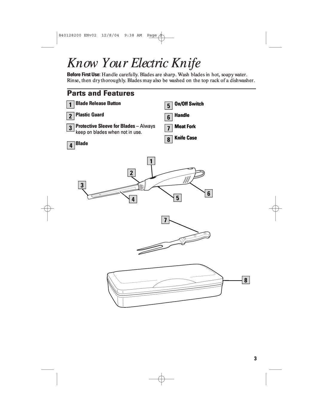 GE 840128200, 169020, 169023 manual Know Your Electric Knife, Parts and Features, Blade Release Button 2 Plastic Guard 