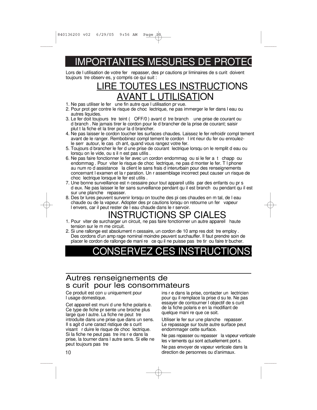 GE 840136200 manual Importantes Mesures DE Protection, Ce produit est conçu uniquement pour l’usage domestique 