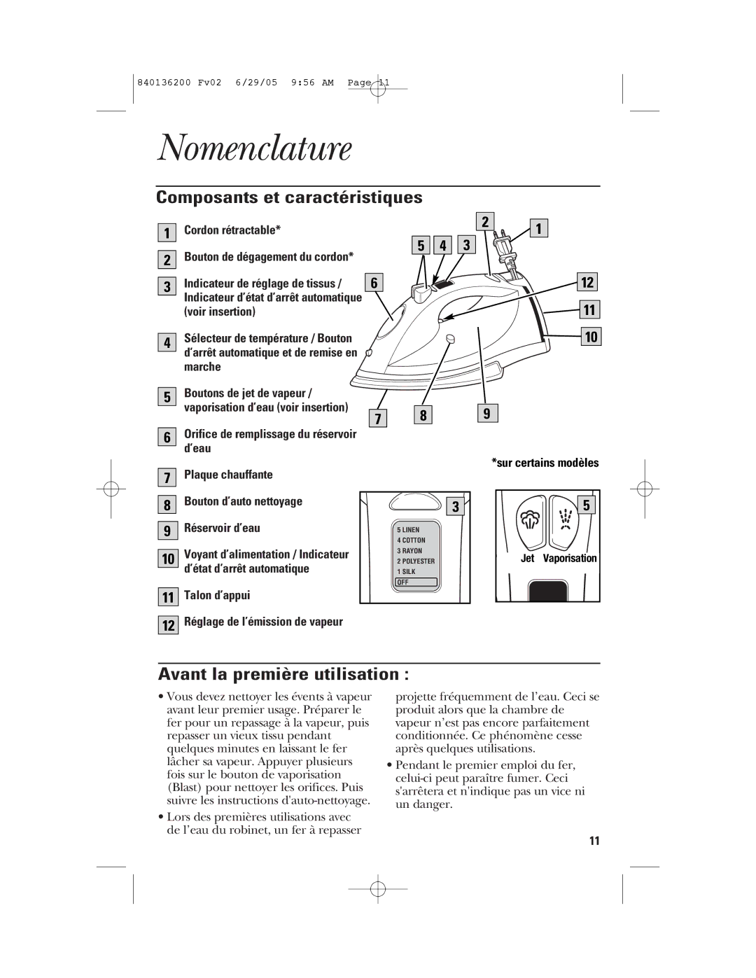 GE 840136200 manual Nomenclature, Composants et caractéristiques, Avant la première utilisation 