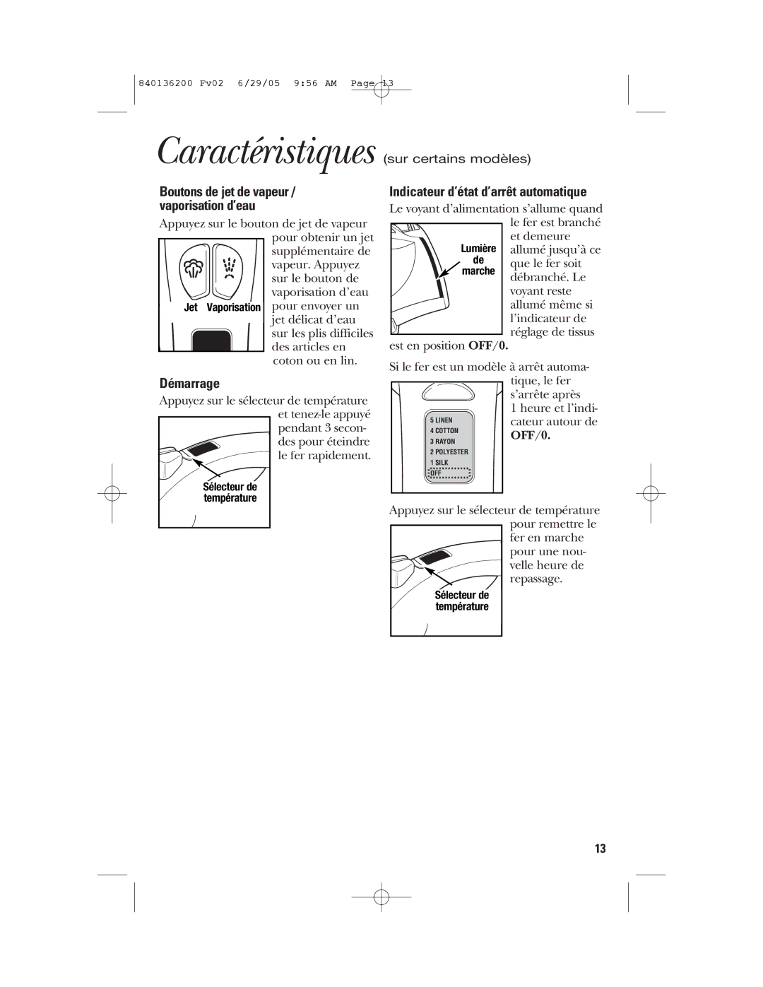 GE 840136200 manual Caractéristiques, Démarrage 