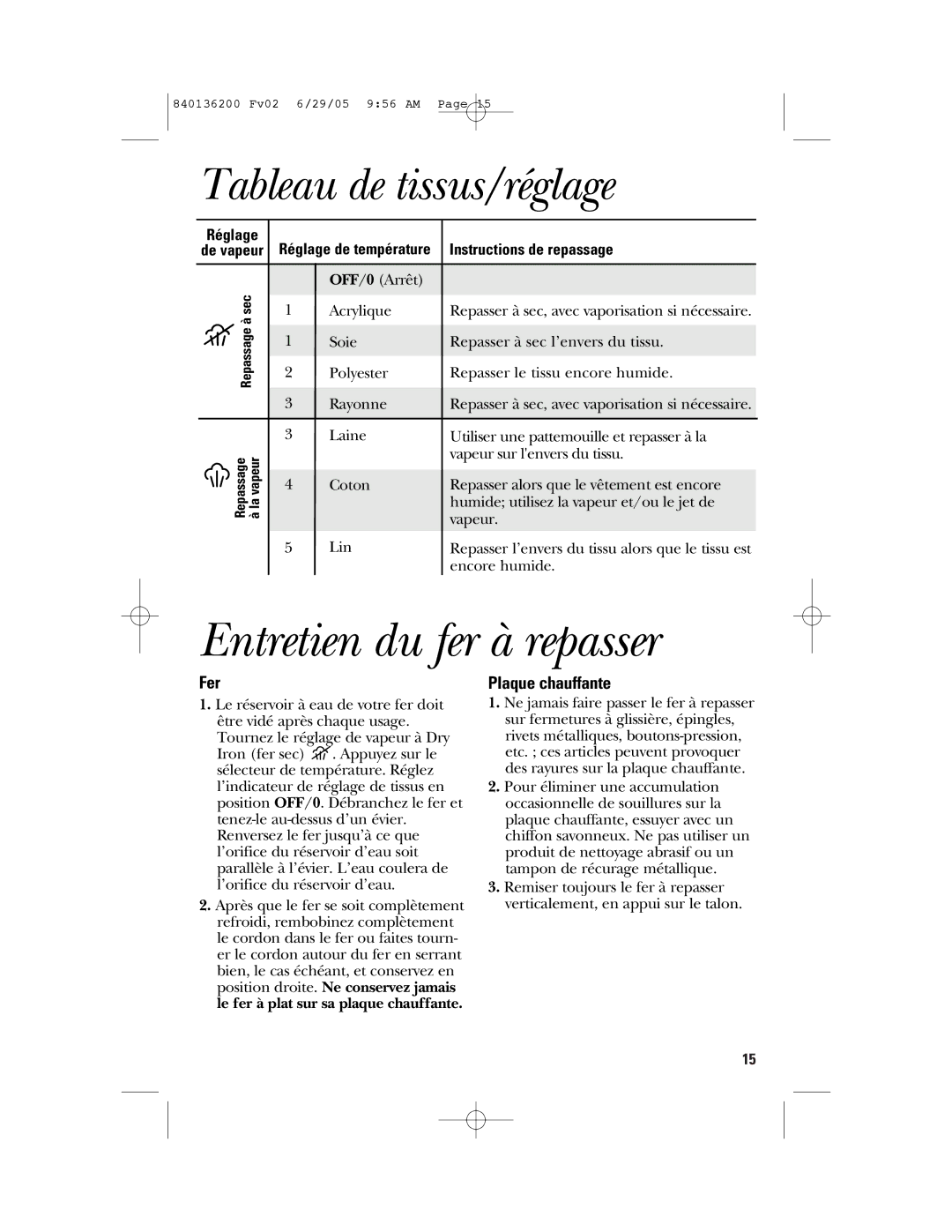 GE 840136200 manual Entretien du fer à repasser, Fer, Plaque chauffante, Instructions de repassage 