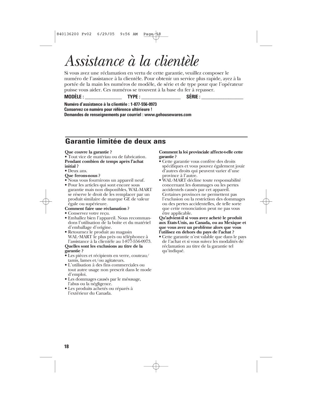 GE 840136200 manual Assistance à la clientèle, Garantie limitée de deux ans, Modèle Type Série 