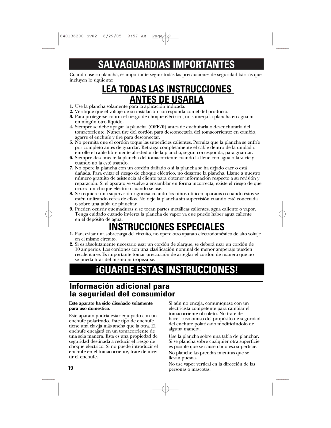 GE 840136200 manual Información adicional para la seguridad del consumidor 