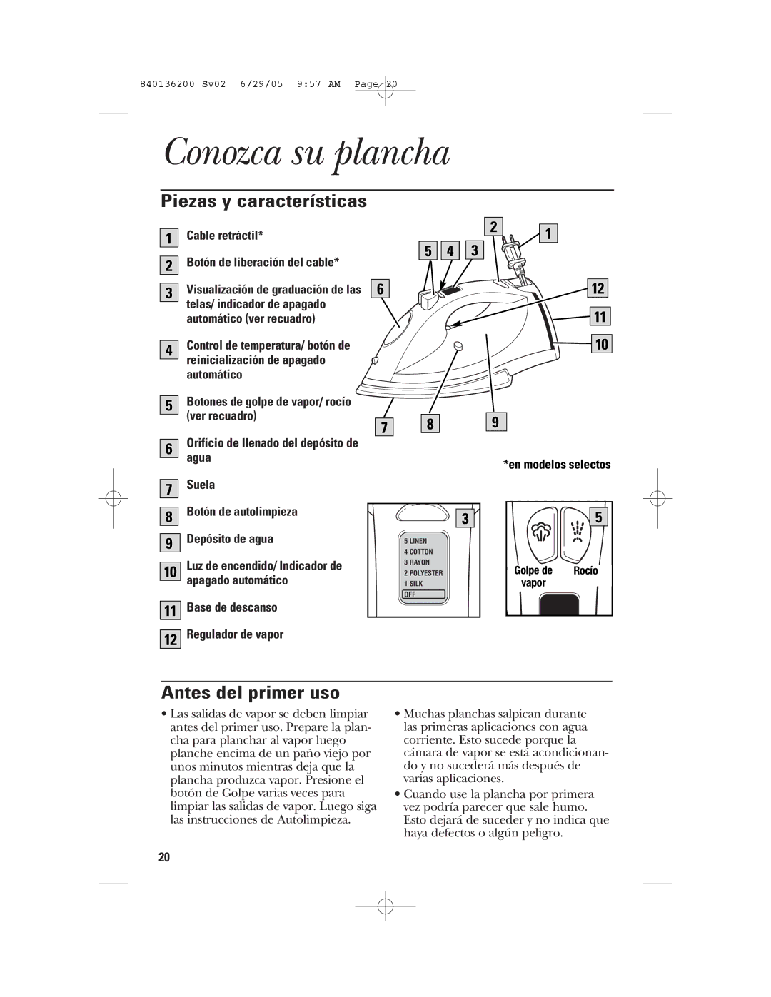 GE 840136200 manual Conozca su plancha, Piezas y características, Antes del primer uso, Base de descanso Regulador de vapor 