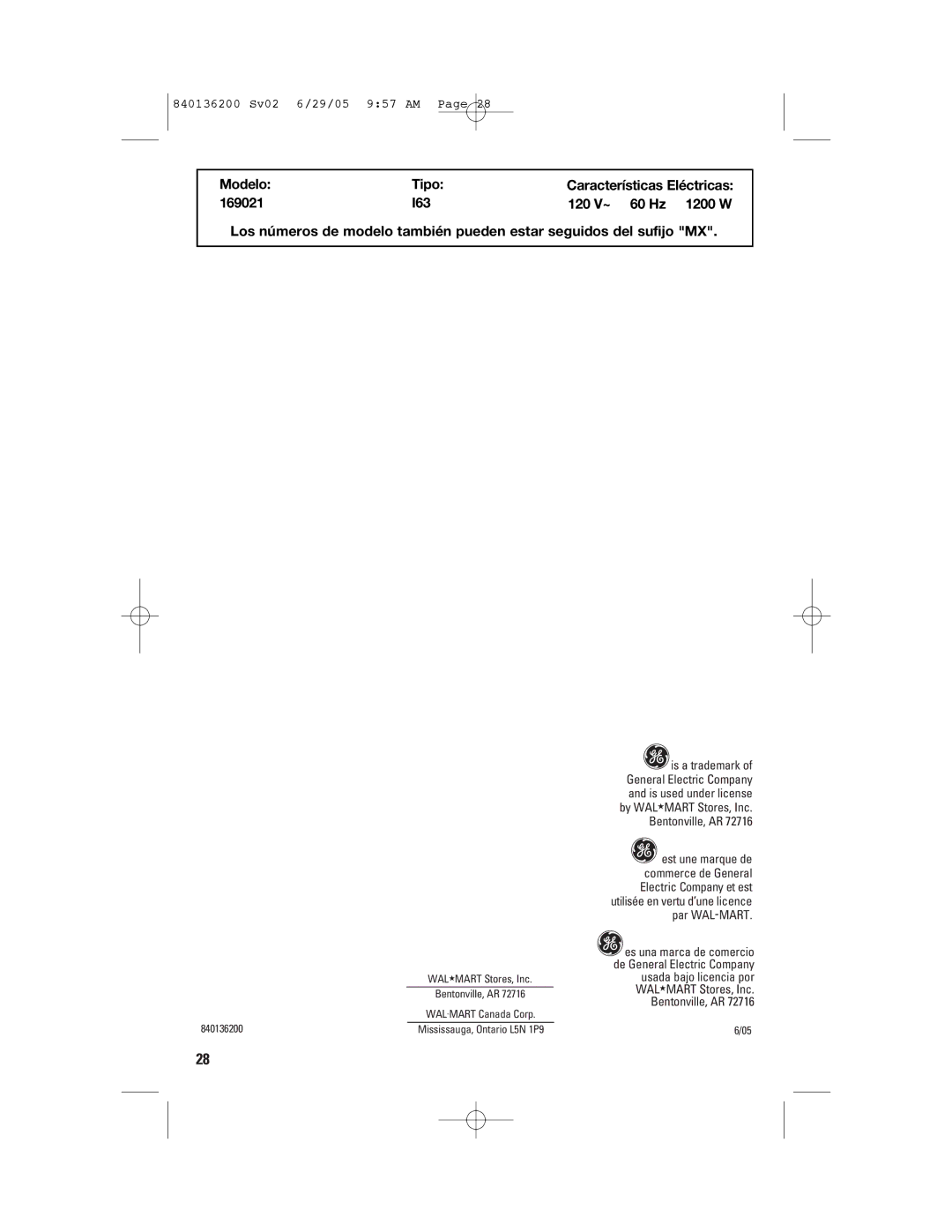 GE 840136200 manual Modelo Tipo 