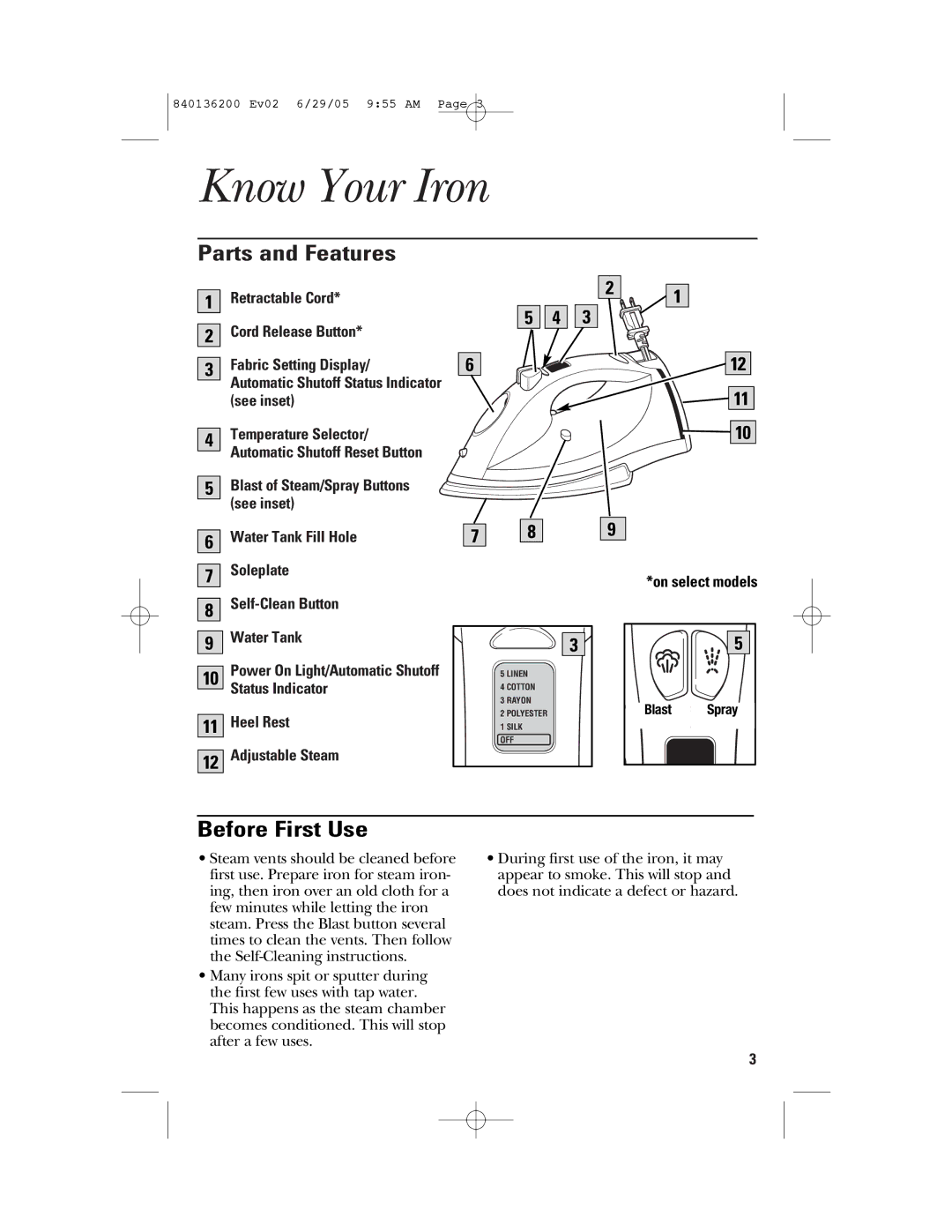 GE 840136200 manual Know Your Iron, Parts and Features, Before First Use, On select models 