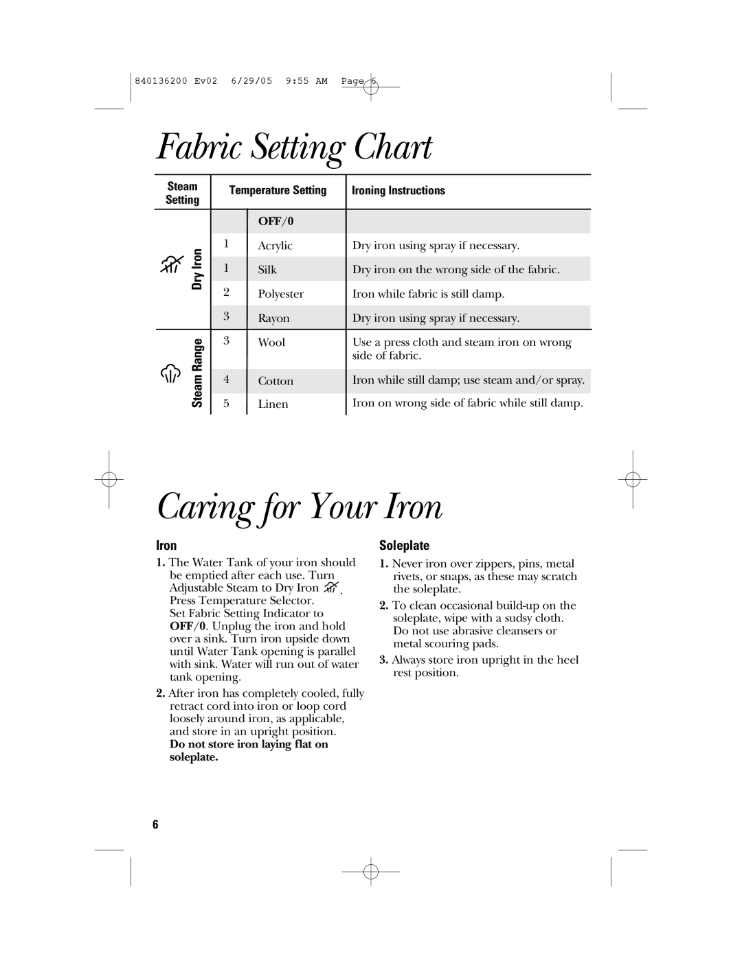 GE 840136200 manual Fabric Setting Chart, Caring for Your Iron, Steam Range Dry Iron, Soleplate 