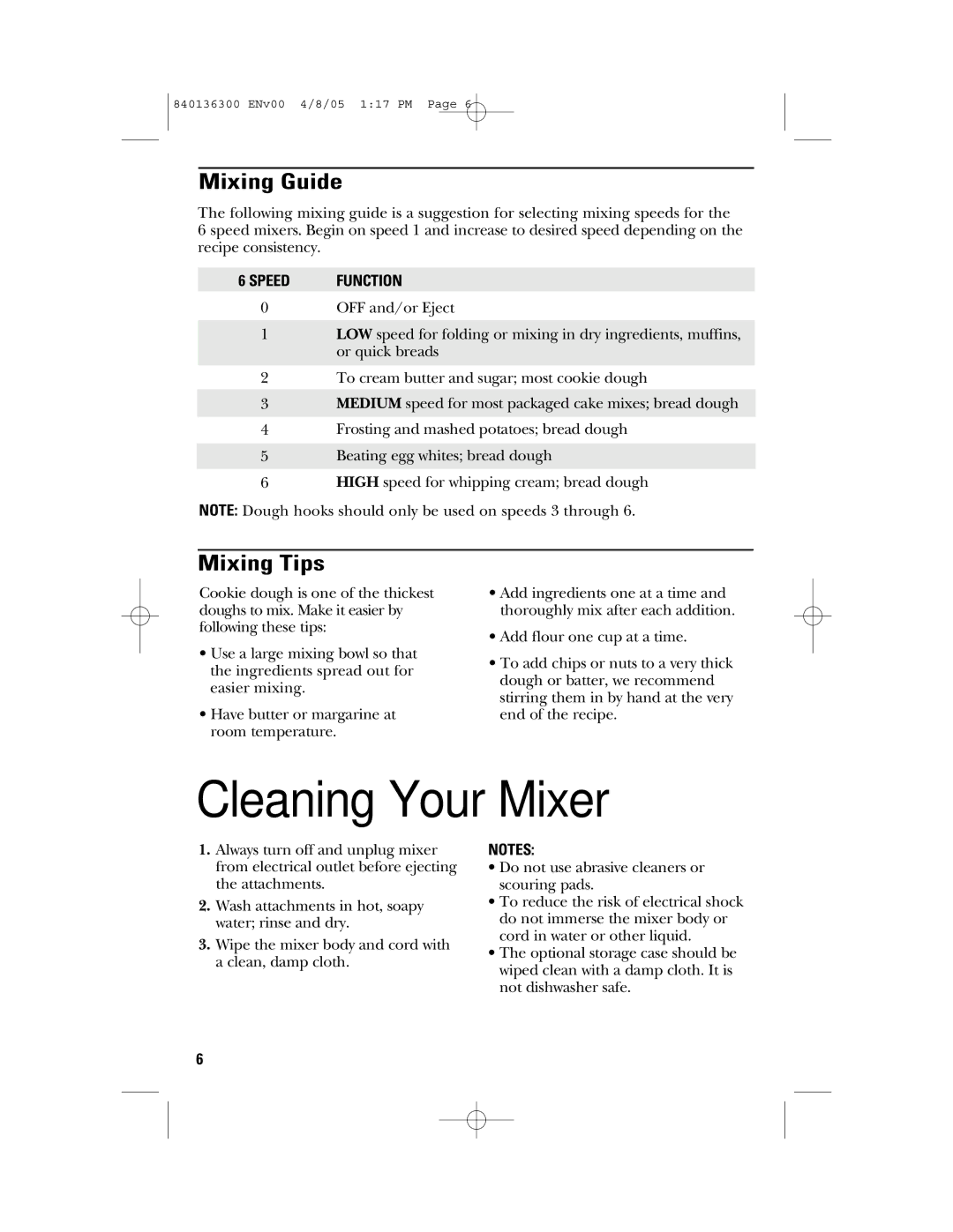 GE 840136300, 169024 manual Cleaning Your Mixer, Mixing Guide, Mixing Tips 