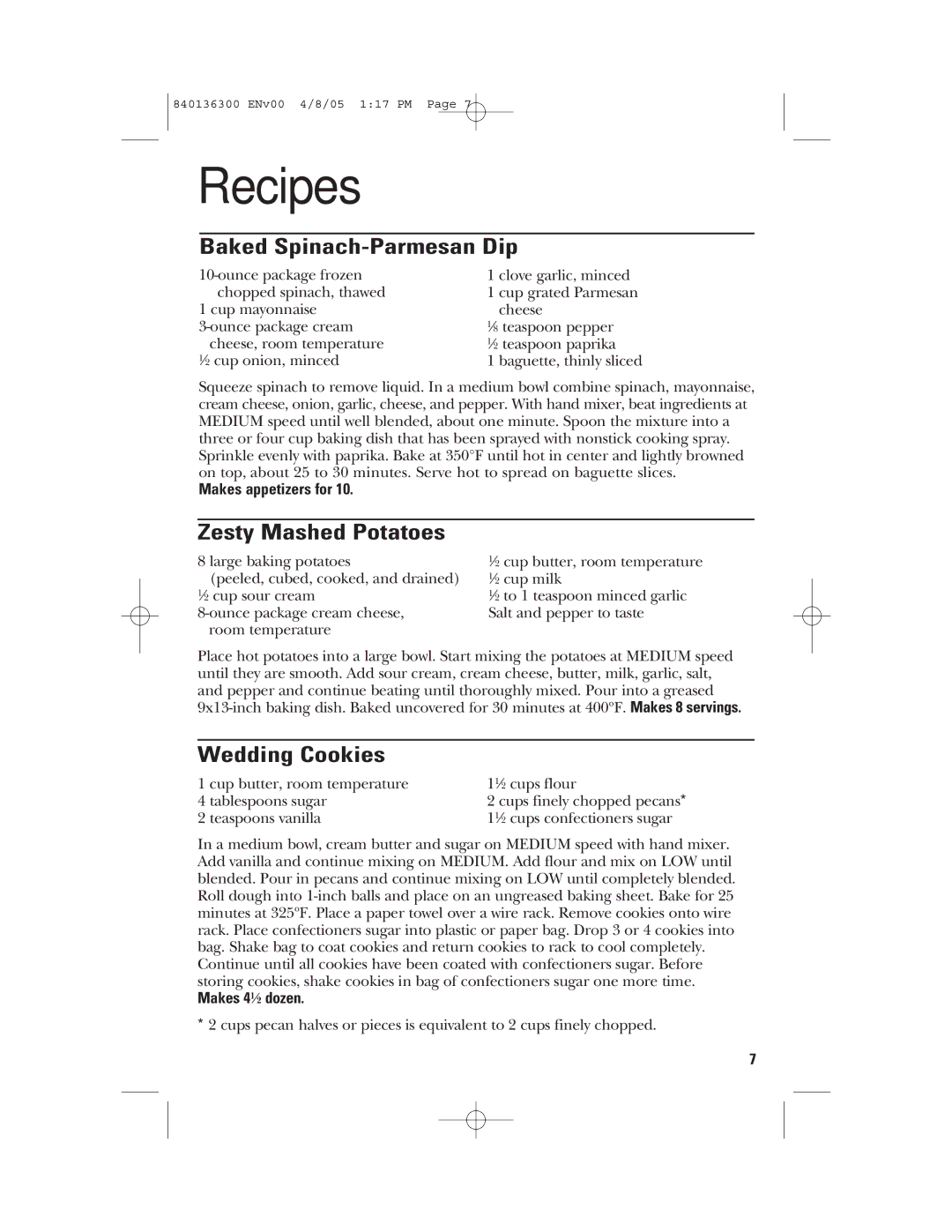 GE 169024, 840136300 manual Recipes, Baked Spinach-Parmesan Dip, Zesty Mashed Potatoes, Wedding Cookies 