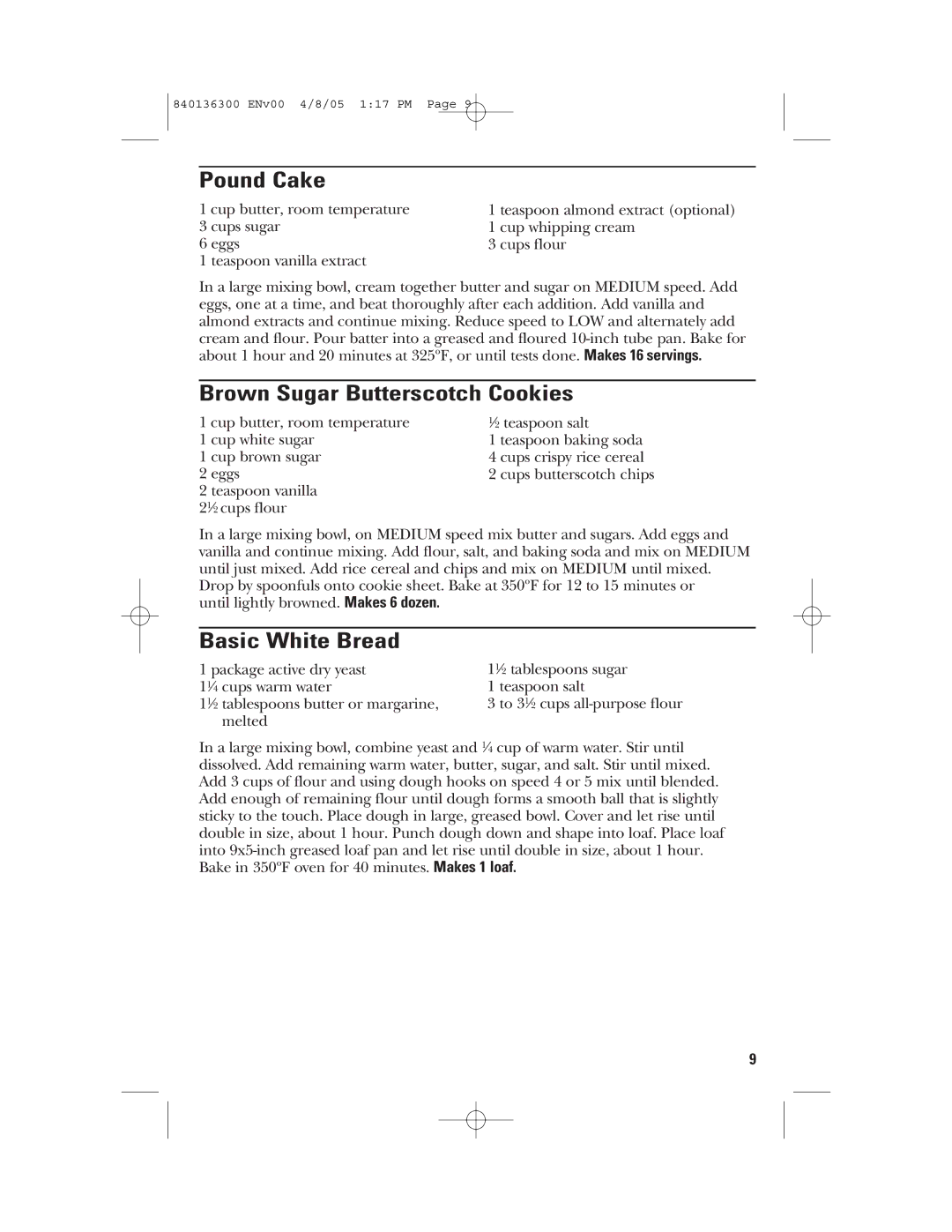 GE 169024, 840136300 manual Pound Cake, Brown Sugar Butterscotch Cookies, Basic White Bread 