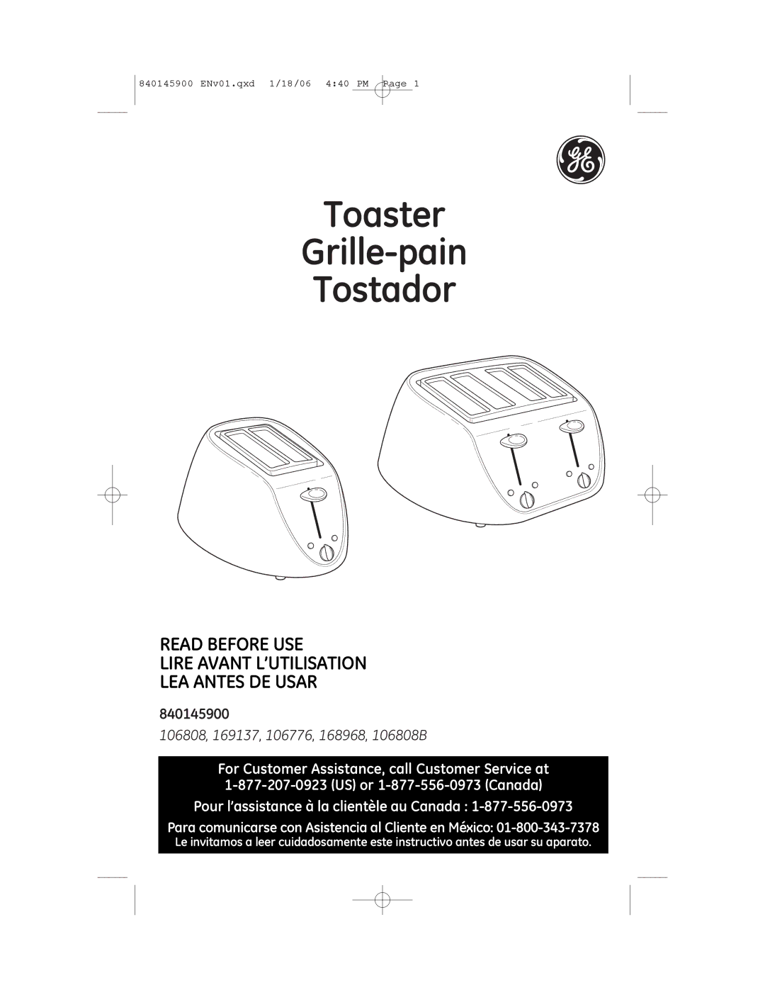 GE 168968, 840145900, 106776, 106808B manual Toaster Grille-pain Tostador 