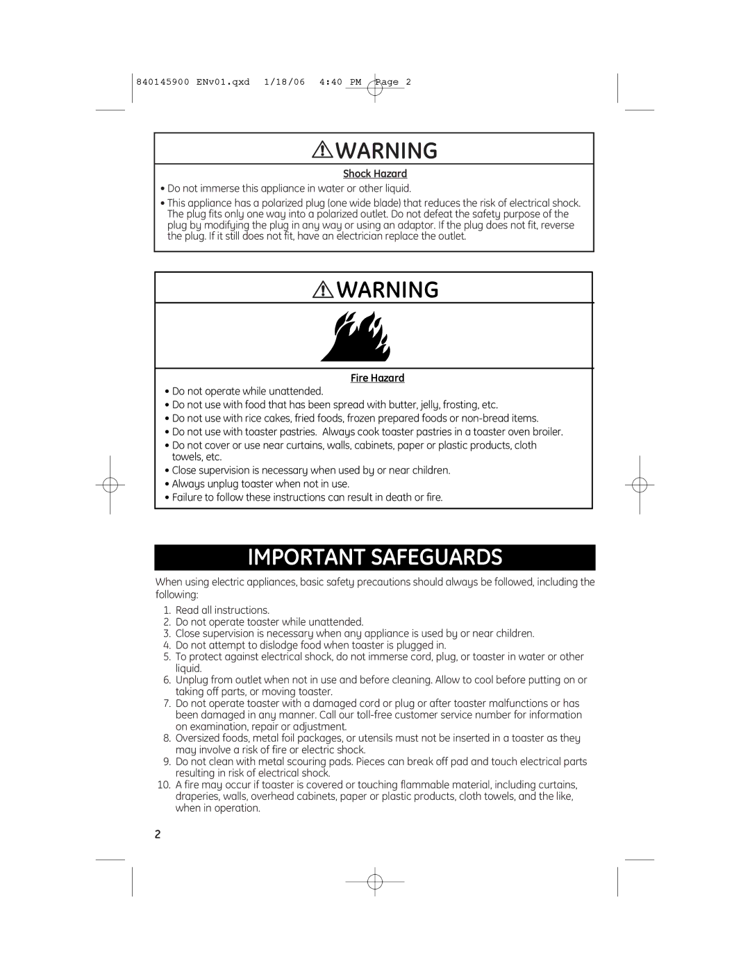 GE 106808, 840145900, 168968, 106776 manual Shock Hazard, Do not immerse this appliance in water or other liquid, Fire Hazard 