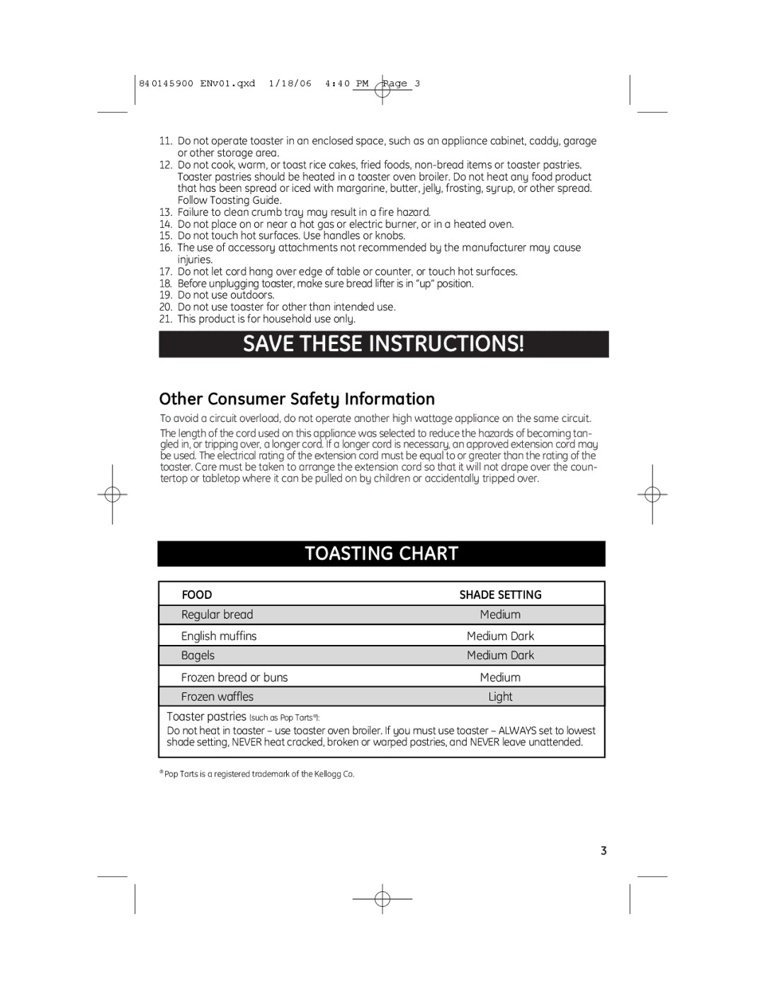 GE 106776, 840145900, 168968, 106808B manual Toasting Chart 