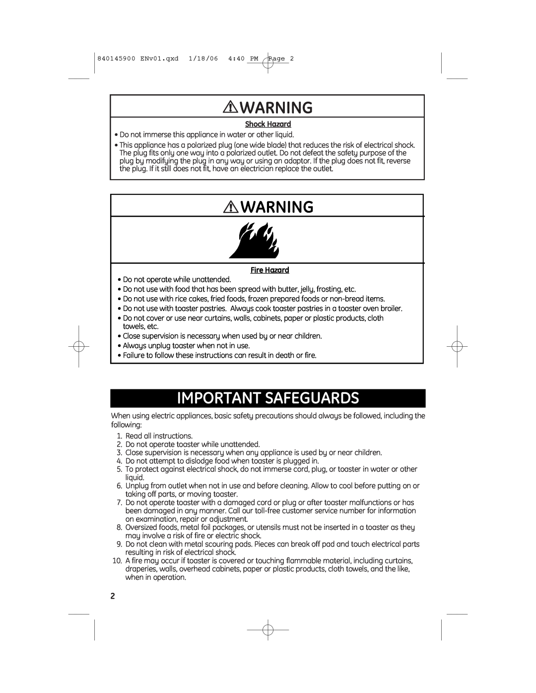 GE 840145900, 168968, 106776, 106808B manual Important Safeguards, Shock Hazard, Fire Hazard 
