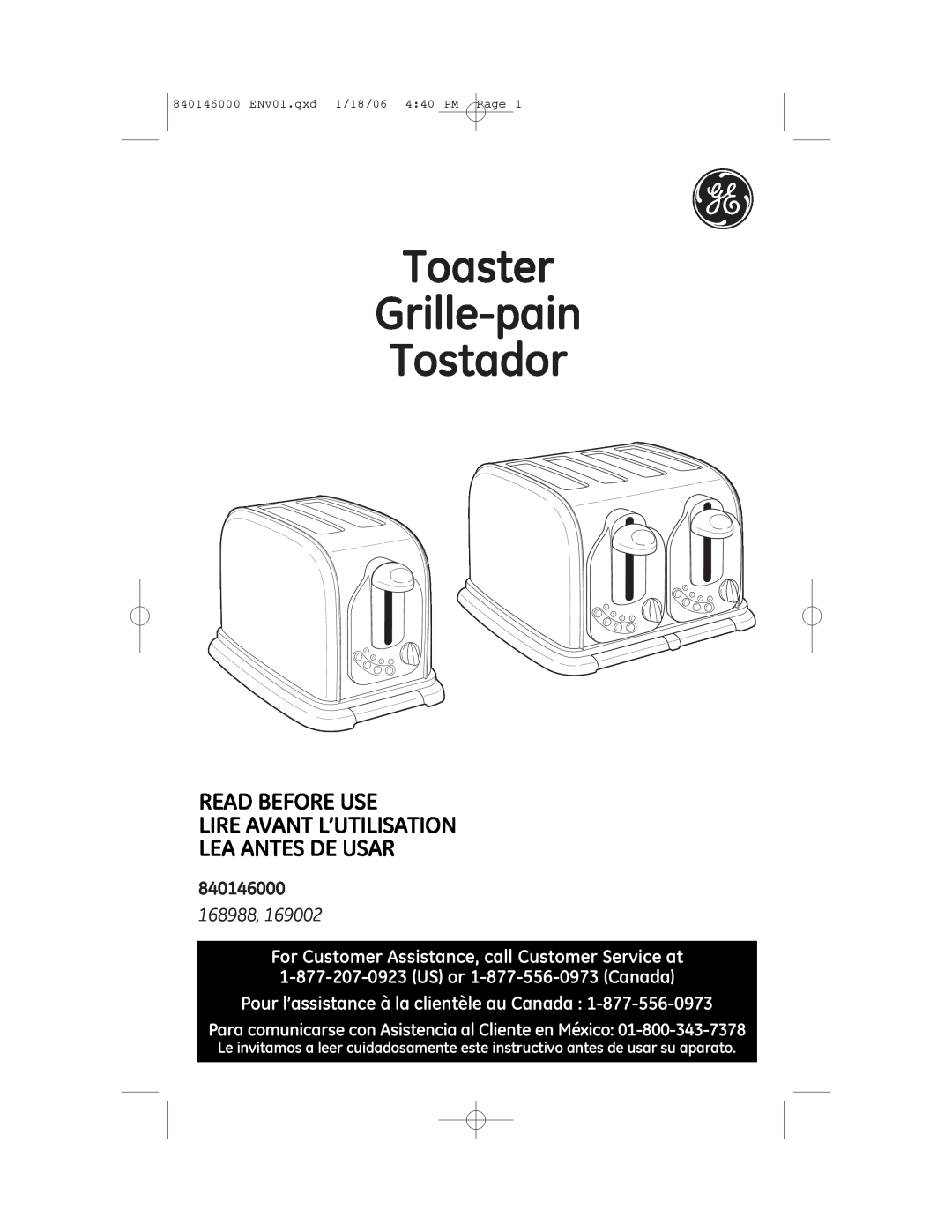 GE 169002 manual 840146000, Toaster Grille-pain Tostador, Read Before Use Lire Avant L’Utilisation, Lea Antes De Usar 