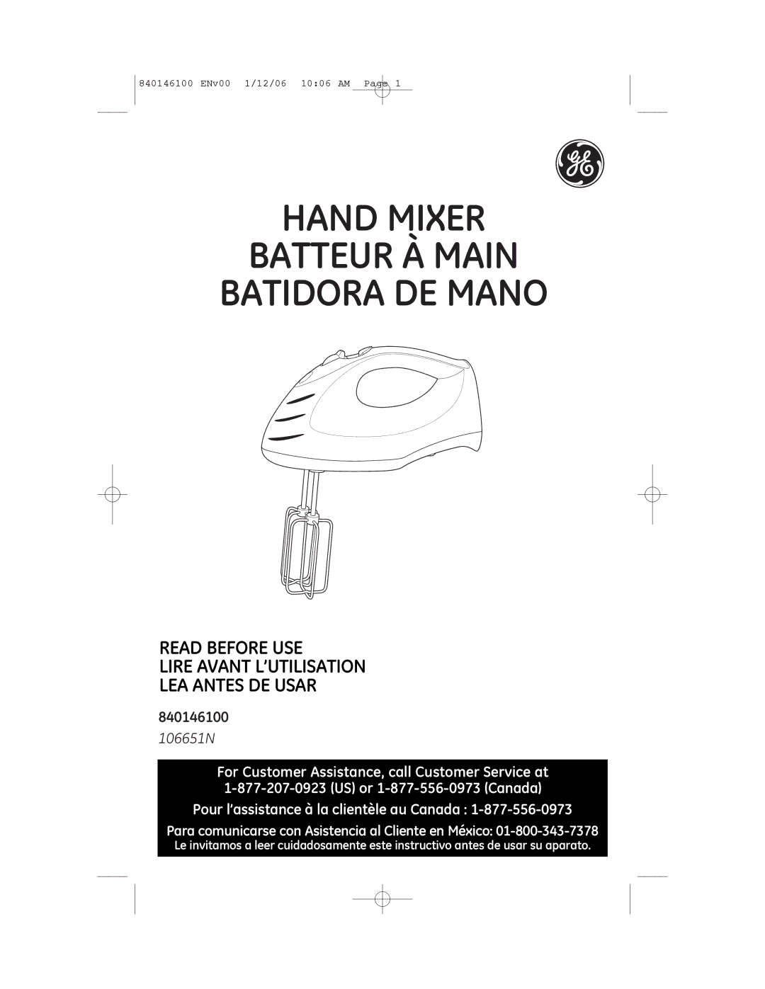 GE 106651N manual Hand Mixer Batteur À Main Batidora DE Mano, 840146100 