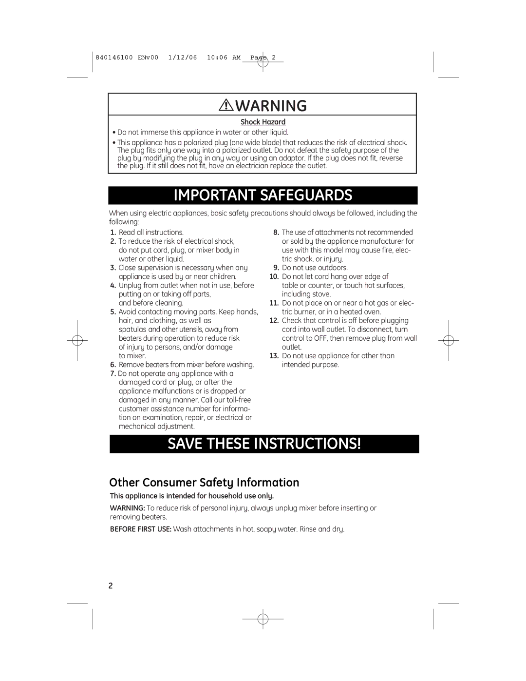 GE 840146100, 106651N manual Important Safeguards 