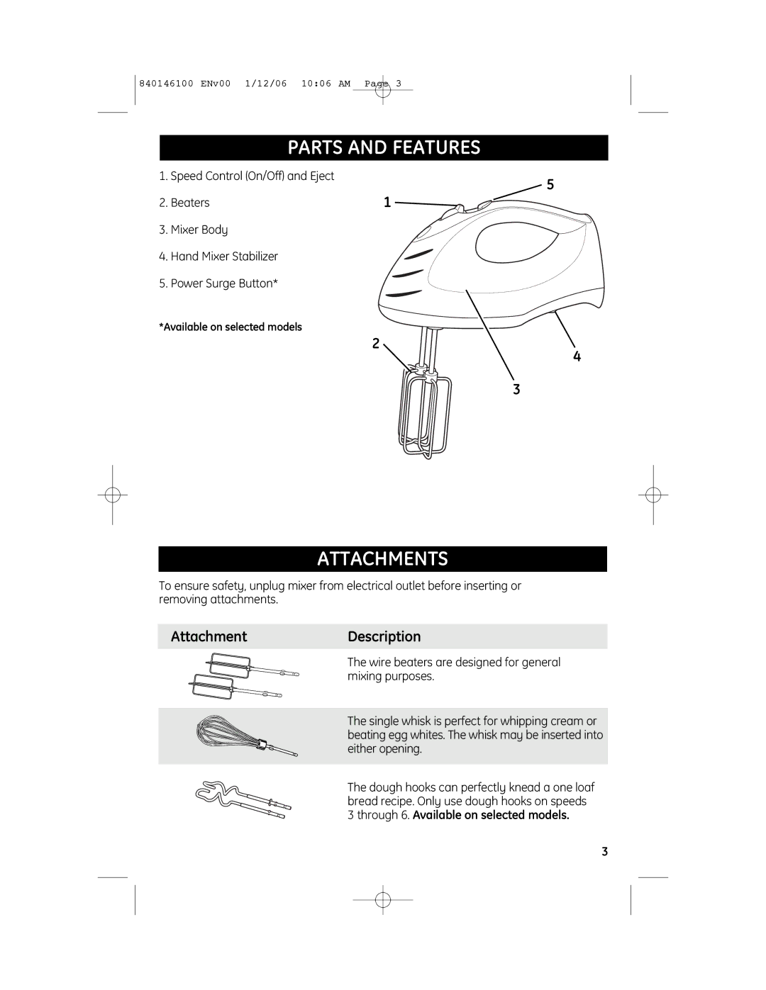 GE 106651N, 840146100 manual Parts and Features, Attachments, AttachmentDescription 