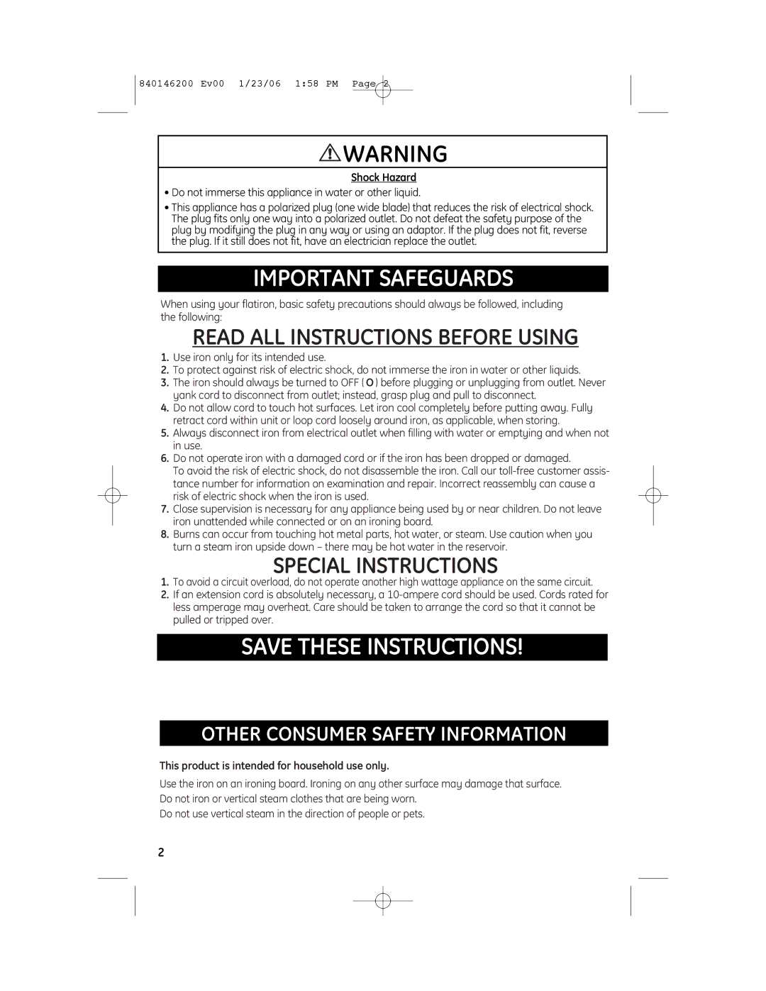 GE 106822R, 106820 Other Consumer Safety Information, Shock Hazard, Do not immerse this appliance in water or other liquid 