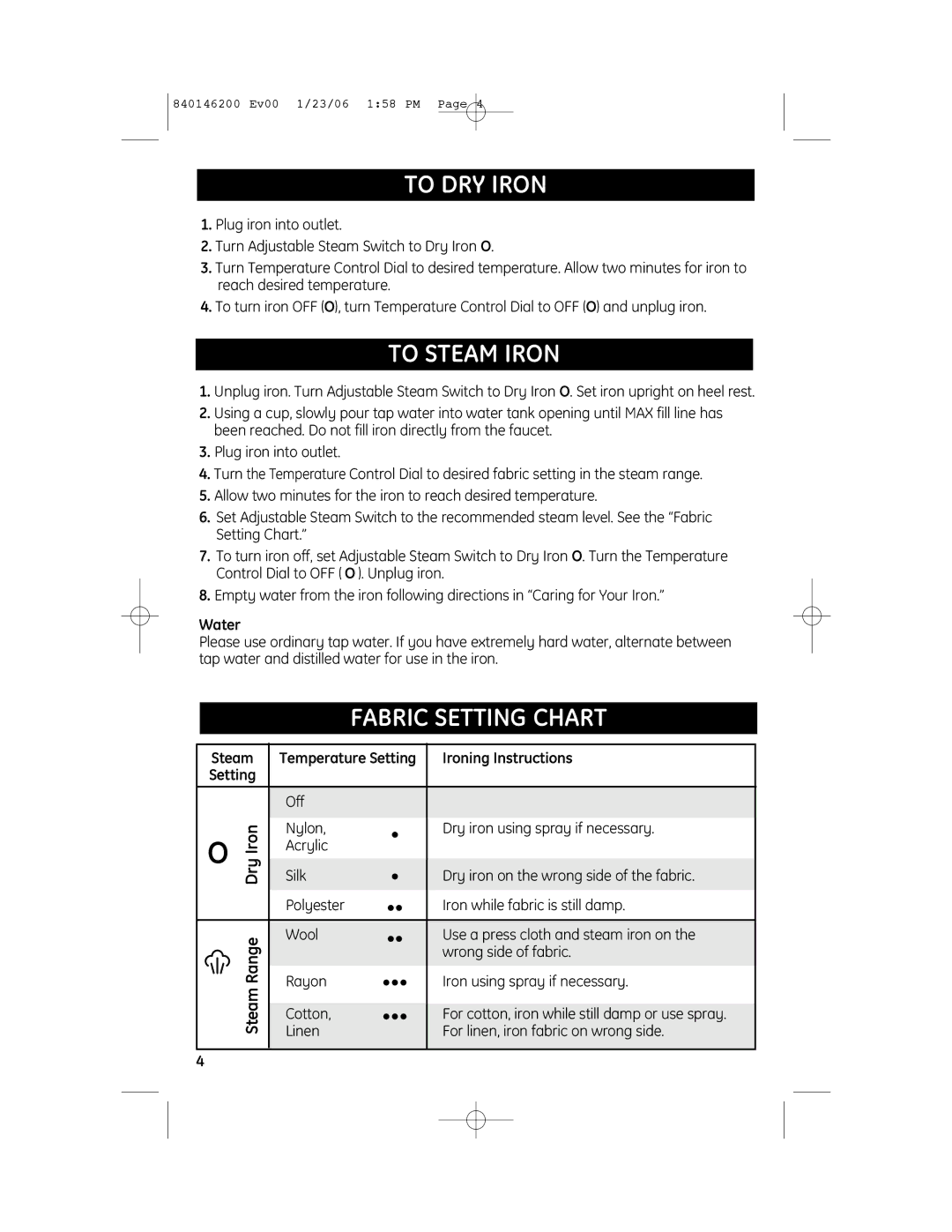 GE 106820, 840146200, 106822R manual To DRY Iron, To Steam Iron, Fabric Setting Chart 