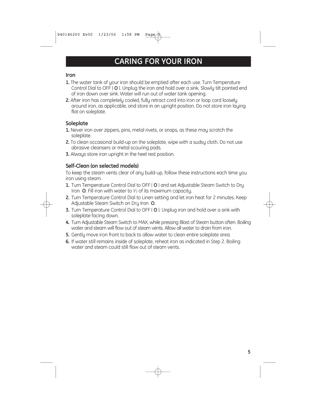 GE 106822R, 840146200, 106820 manual Caring for Your Iron, Soleplate, Self-Clean on selected models 