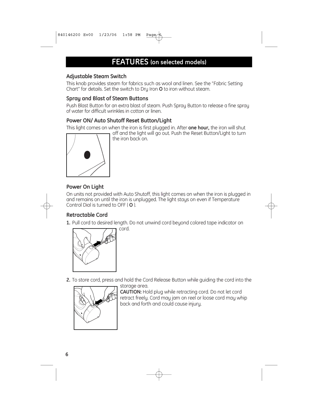 GE 840146200, 106820, 106822R manual Features on selected models 