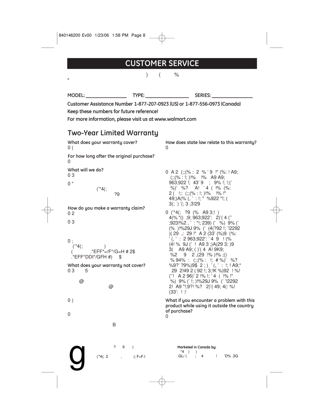 GE 106822R, 840146200, 106820 manual Customer Service 