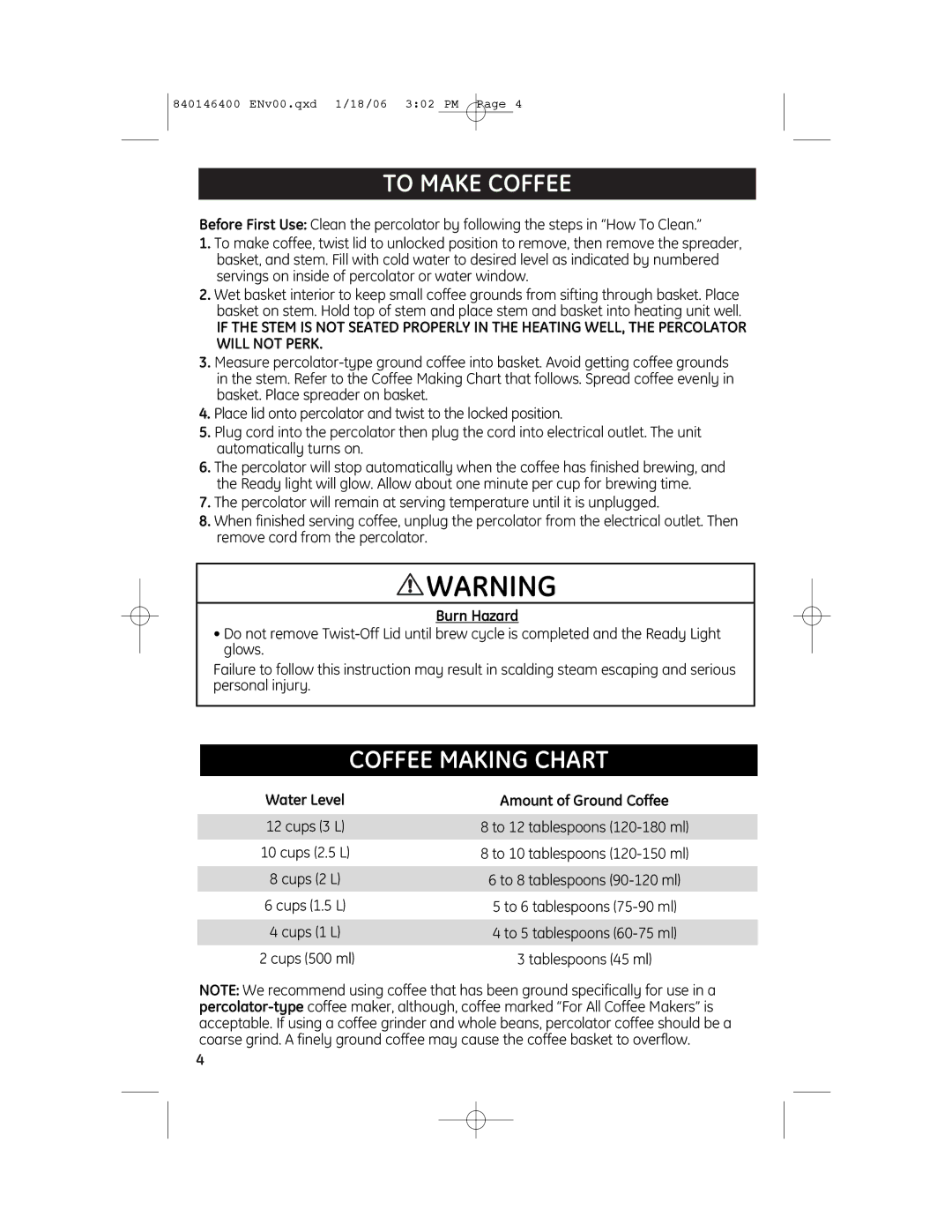 GE 840146400, 106856R manual To Make Coffee, Coffee Making Chart, Water Level Amount of Ground Coffee 