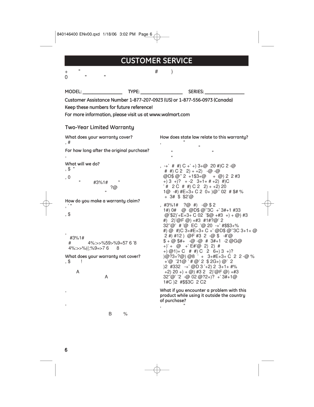 GE 840146400, 106856R manual Customer Service 