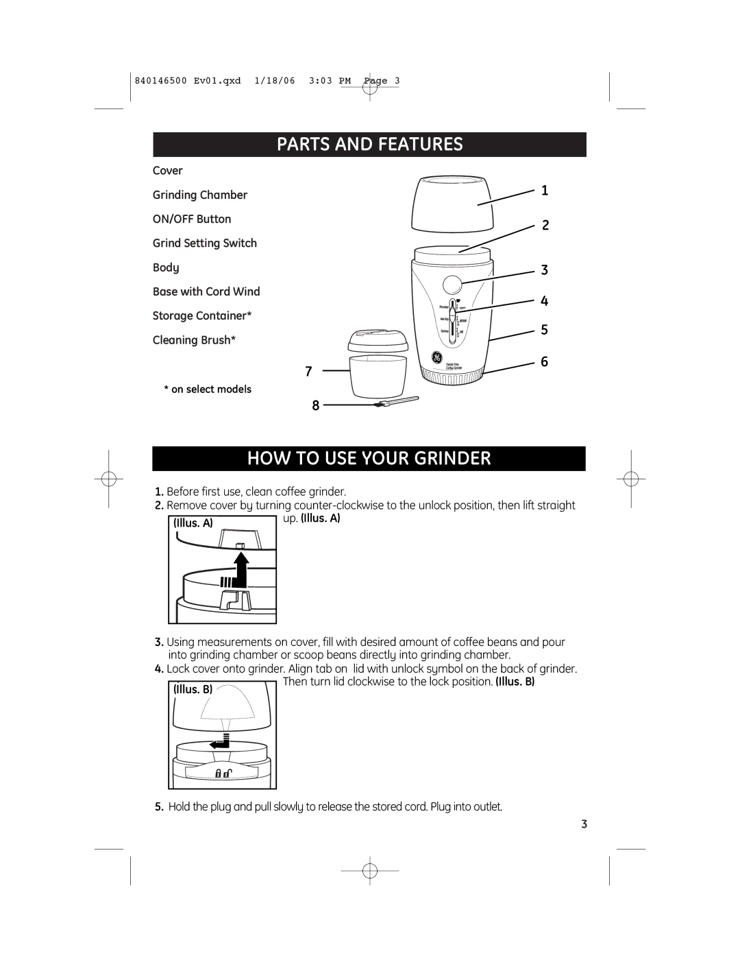 GE 840146500 manual Parts and Features, HOW to USE Your Grinder, Up. Illus. a 