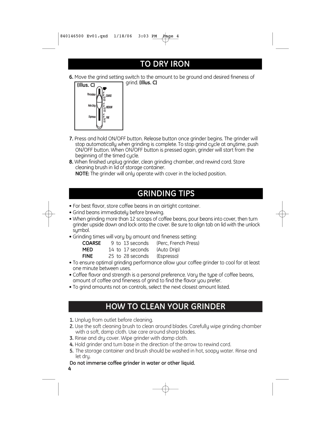 GE 840146500 manual To DRY Iron, Grinding Tips, HOW to Clean Your Grinder, Grind. Illus. C 