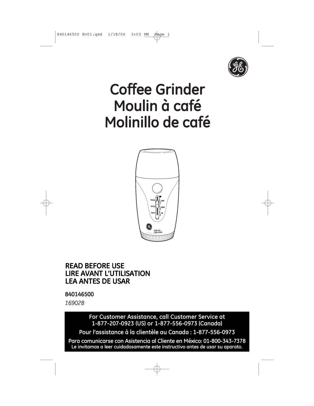 GE 840146500 manual Coffee Grinder Moulin à café Molinillo de café, 169028, Pour l’assistance à la clientèle au Canada 