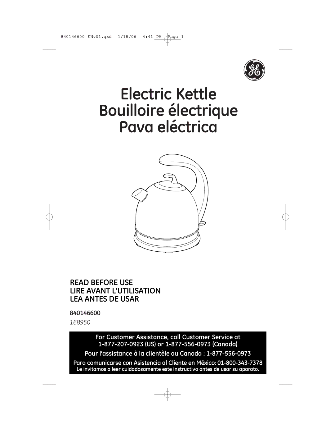 GE 168950, 840146600 manual Electric Kettle Bouilloire électrique Pava eléctrica 