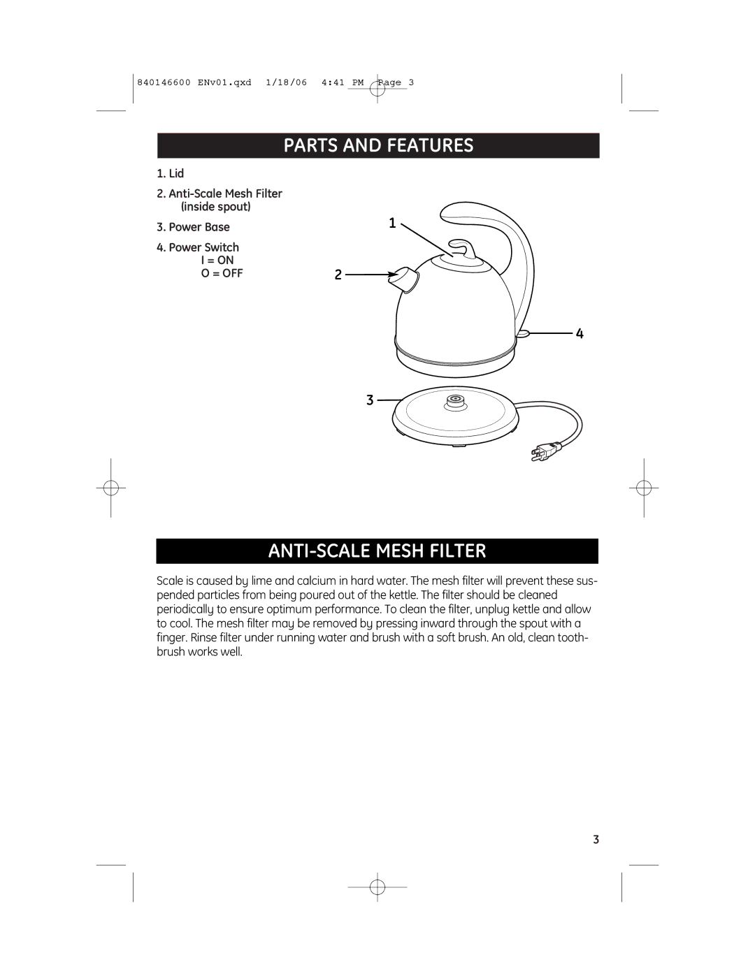 GE 168950, 840146600 manual Parts and Features, ANTI-SCALE Mesh Filter, Anti-Scale Mesh Filter inside spout 