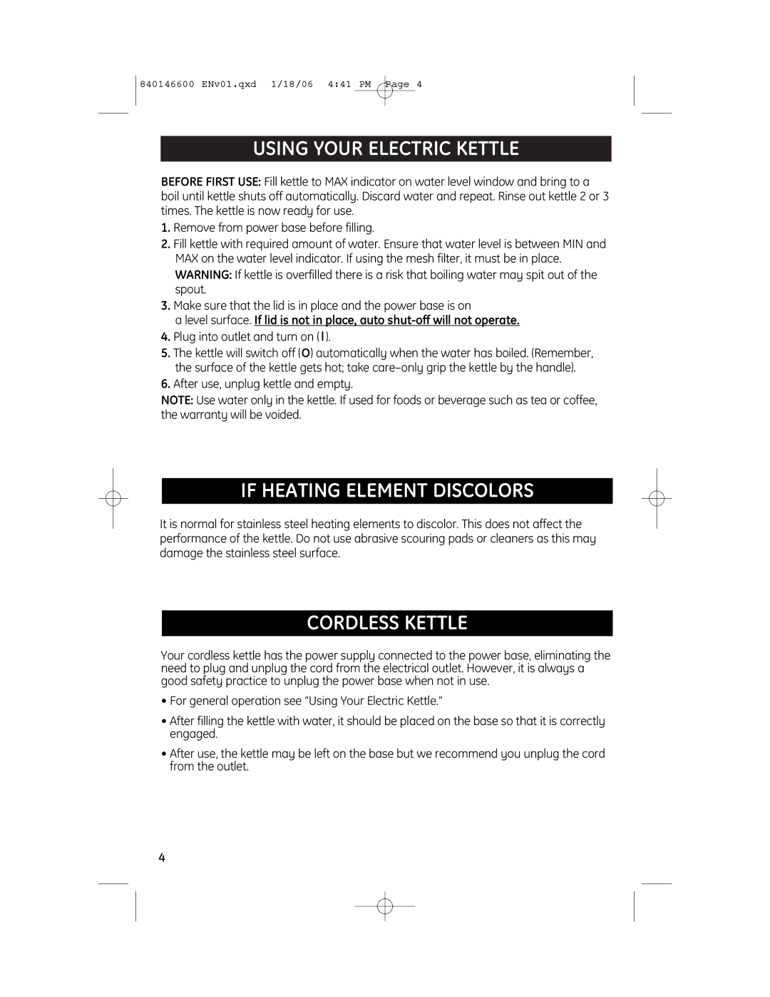 GE 840146600, 168950 manual Using Your Electric Kettle, If Heating Element Discolors, Cordless Kettle 