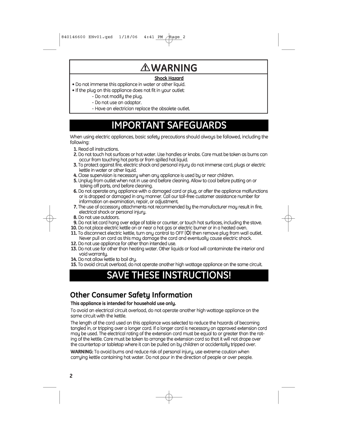 GE 840146600, 168950 manual Important Safeguards, Save These Instructions, Other Consumer Safety Information, Shock Hazard 