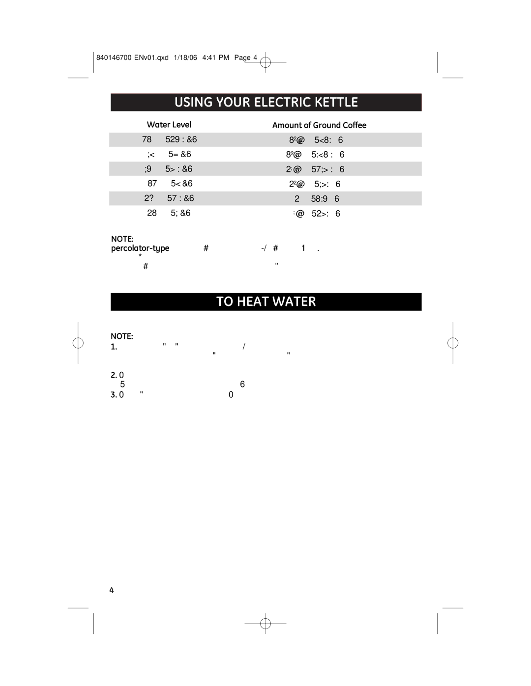 GE 840146700, 106840 manual Using Your Electric Kettle, To Heat Water, Water Level Amount of Ground Coffee 