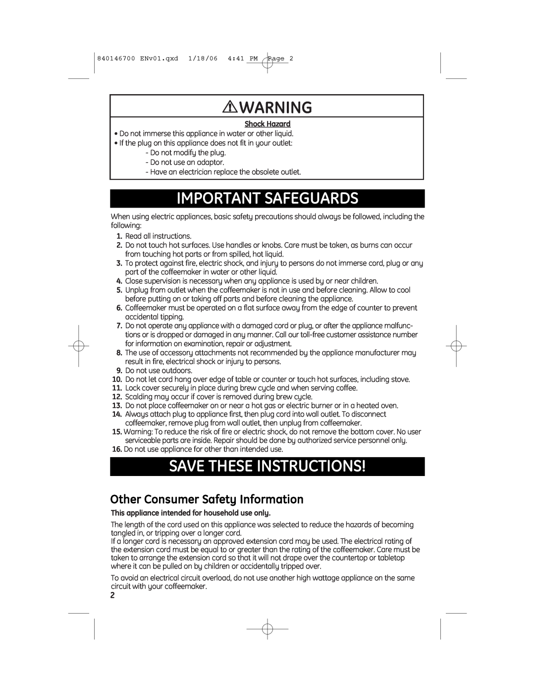 GE 840146700, 106840 manual Important Safeguards, Save These Instructions, Other Consumer Safety Information, Shock Hazard 