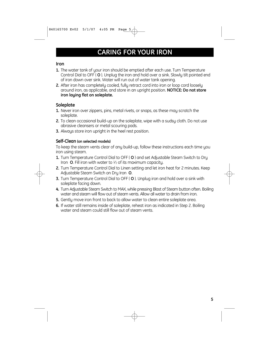 GE 840165700 manual Caring for Your Iron, Soleplate, Self-Cleanon selected models 