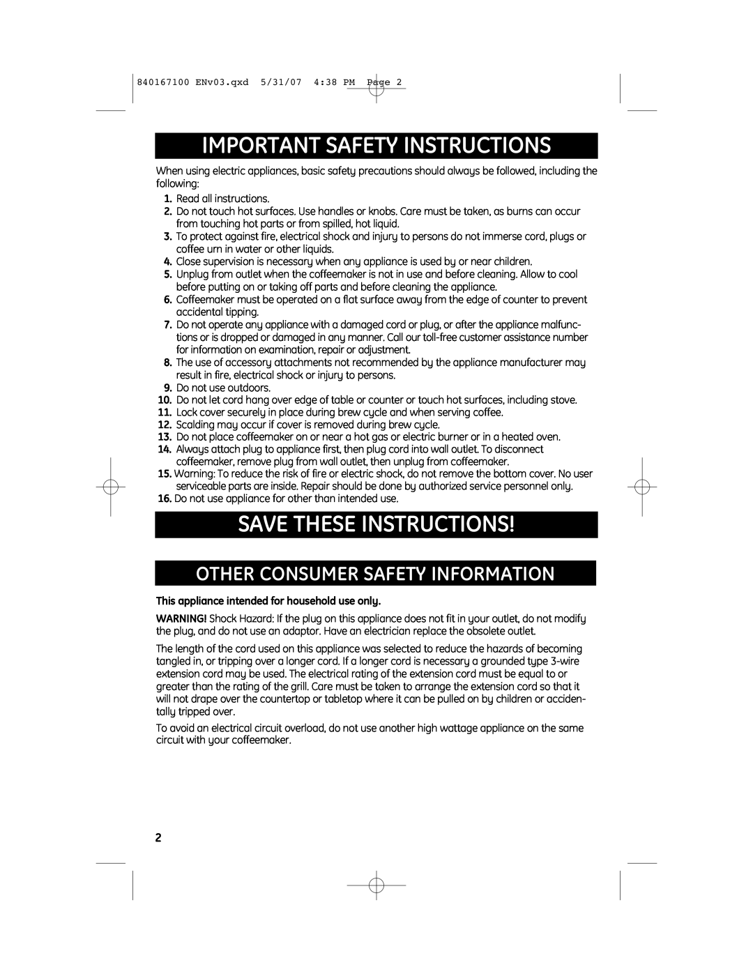 GE 840167100, 169161 manual Other Consumer Safety Information, Important Safety Instructions, Save These Instructions 