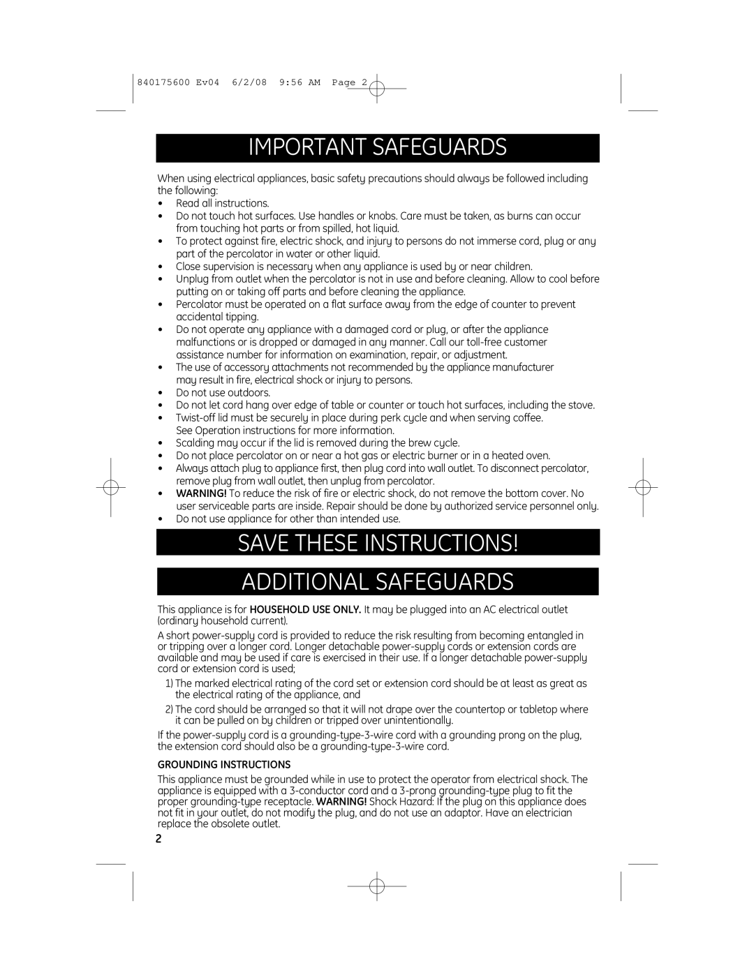 GE 840175600, 681131691857 manual Important Safeguards, Grounding Instructions 