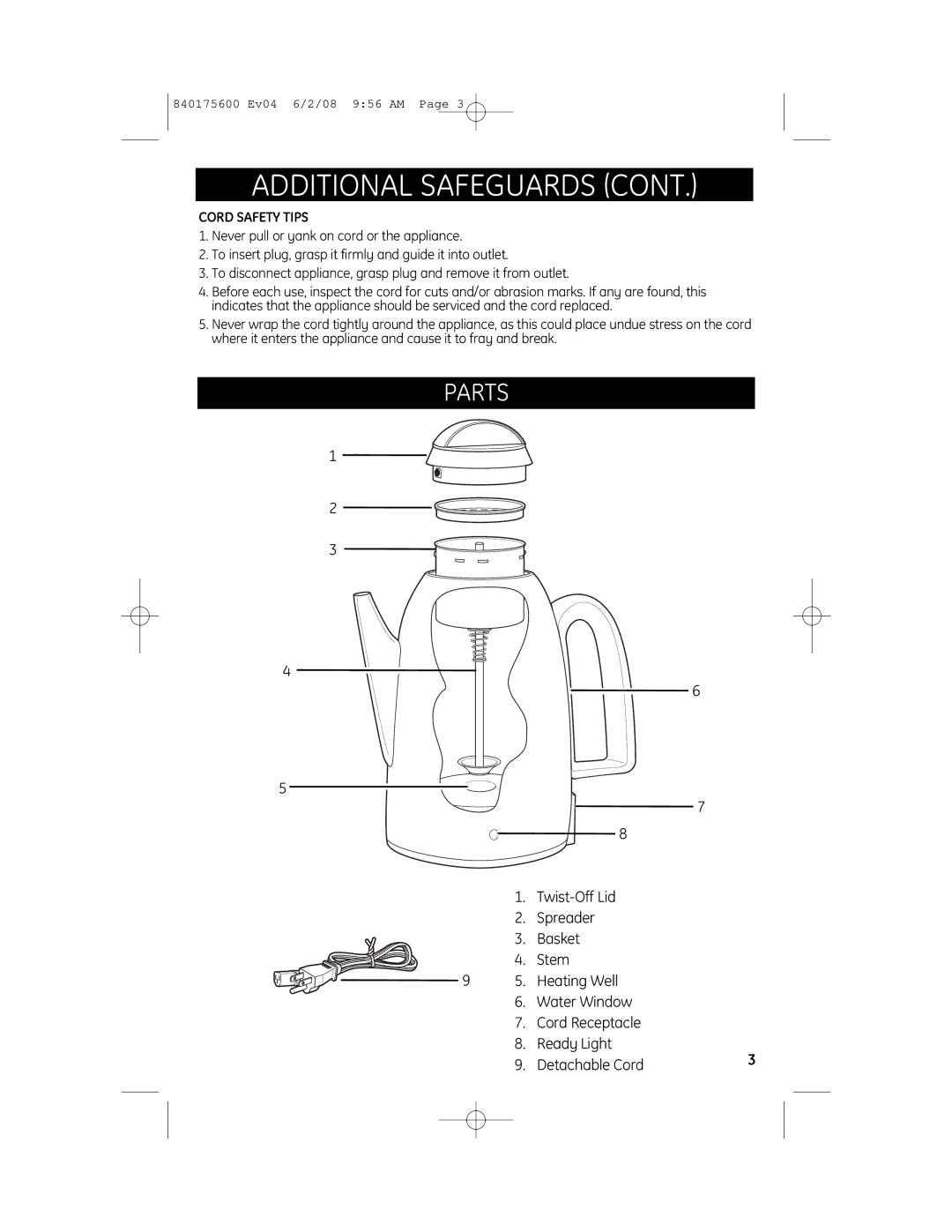 GE 840175600, 681131691857 manual Parts, Cord Safety Tips 