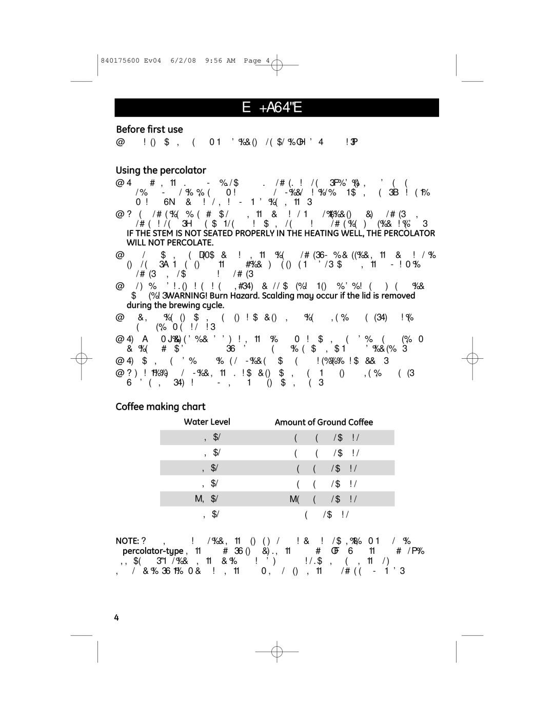 GE 681131691857, 840175600 manual Operation, Before first use, Using the percolator, Coffee making chart 